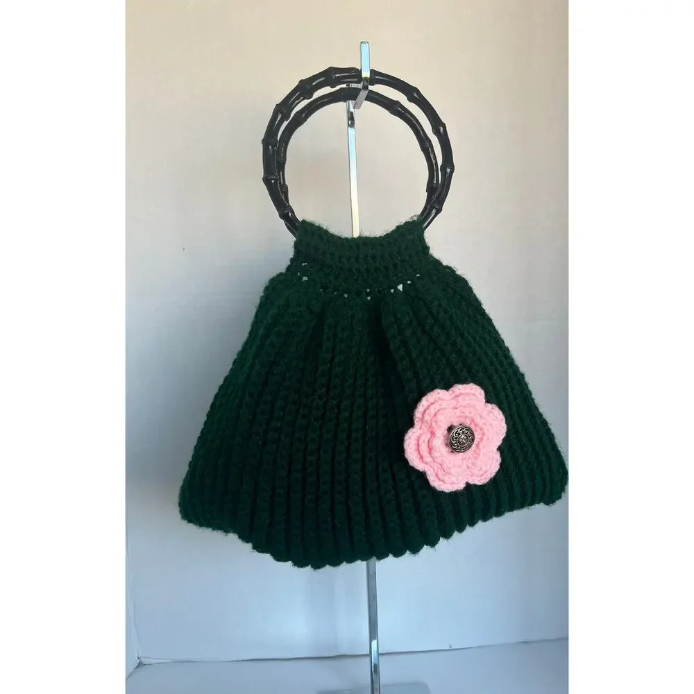 Handmade Knitted Forest Green Pink Flower Wooden Handle Tote Hobo‎ Handbag Purse